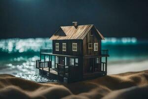 ein Miniatur Haus auf das Strand beim Nacht. KI-generiert foto