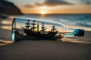 ein Schiff im ein Flasche auf das Strand. KI-generiert foto