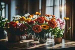 Blumen im Vasen auf ein Tisch. KI-generiert foto