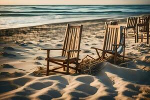 zwei Stühle sitzen auf das Sand beim das Strand. KI-generiert foto