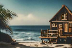 ein Miniatur hölzern Haus auf das Strand mit Palme Bäume. KI-generiert foto