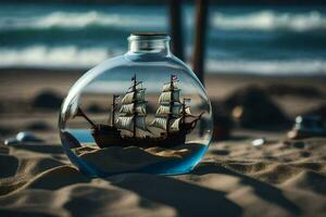 ein klein Schiff im ein Flasche auf das Strand. KI-generiert foto