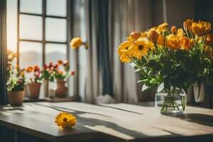 Gelb Blumen im ein Vase auf ein Tabelle in der Nähe von ein Fenster. KI-generiert foto