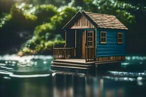 ein klein Haus auf ein klein Insel im das Wasser. KI-generiert foto