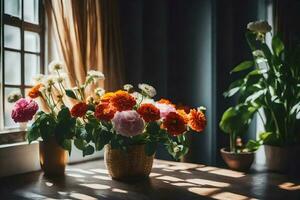 Blumen im Vasen auf ein Tabelle im Vorderseite von ein Fenster. KI-generiert foto