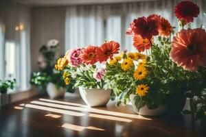 Blumen im Vasen auf ein Tisch. KI-generiert foto