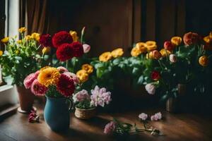 Blumen im Vasen auf ein Tisch. KI-generiert foto