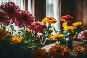 Blumen im ein Vase auf ein Tabelle im Vorderseite von ein Fenster. KI-generiert foto