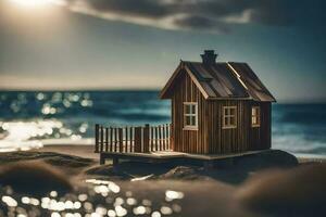 ein Miniatur hölzern Haus auf das Strand. KI-generiert foto