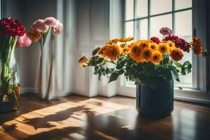 Blumen im Vasen auf ein hölzern Boden. KI-generiert foto