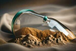 ein Glas Flasche mit Sand und ein Sand Düne. KI-generiert foto