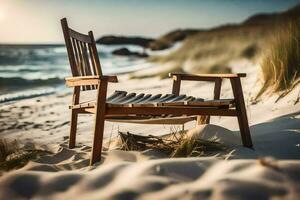 ein hölzern Stuhl sitzt auf das Strand beim Sonnenuntergang. KI-generiert foto