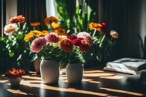 Blumen im Vasen auf ein Tabelle im Vorderseite von ein Fenster. KI-generiert foto