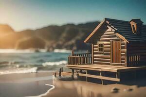 ein klein hölzern Haus auf das Strand mit ein hölzern Dock. KI-generiert foto