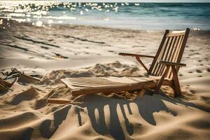 ein Strand Stuhl sitzt auf das Sand in der Nähe von das Ozean. KI-generiert foto