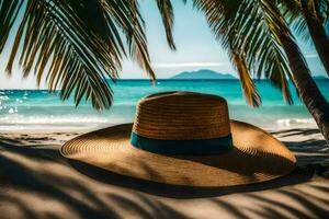 ein Stroh Hut auf das Strand. KI-generiert foto