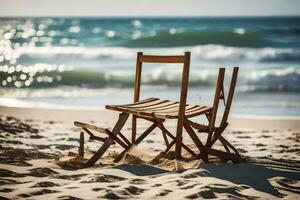 ein Stuhl und zwei hölzern Stühle auf das Strand. KI-generiert foto