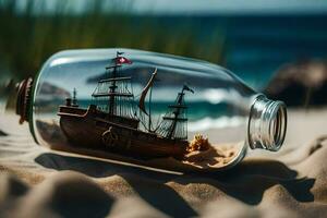 ein Schiff im ein Flasche auf das Strand. KI-generiert foto