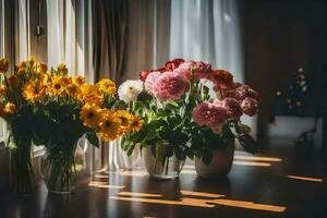 Blumen im Vasen auf ein Fensterbrett. KI-generiert foto