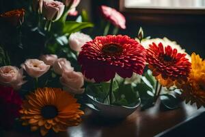 Blumen im ein Vase auf ein Tisch. KI-generiert foto