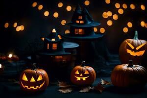Halloween Kürbisse und Häuser mit Beleuchtung. KI-generiert foto