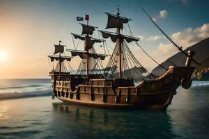ein Pirat Schiff ist Segeln auf das Ozean. KI-generiert foto