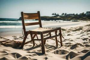 ein hölzern Stuhl sitzt auf das Strand in der Nähe von das Ozean. KI-generiert foto