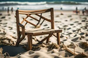 ein Stuhl Sitzung auf das Strand mit Menschen im das Hintergrund. KI-generiert foto