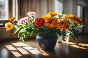 ein Vase von Blumen auf ein hölzern Tisch. KI-generiert foto