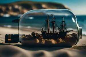 ein Schiff im ein Flasche auf das Strand. KI-generiert foto