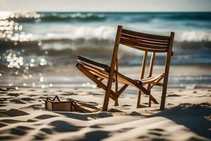 ein hölzern Stuhl sitzt auf das Strand in der Nähe von das Ozean. KI-generiert foto