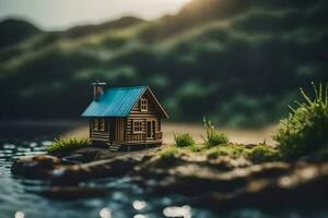 winzig Haus auf das See. KI-generiert foto