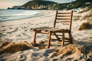 ein hölzern Stuhl sitzt auf das Strand in der Nähe von das Ozean. KI-generiert foto