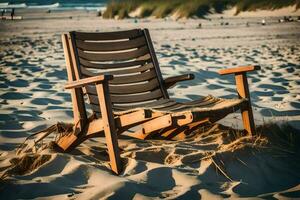 ein hölzern Stuhl sitzt auf das Strand in der Nähe von das Ozean. KI-generiert foto