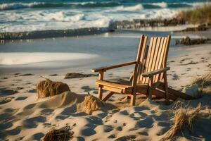 ein hölzern Stuhl sitzt auf das Strand in der Nähe von das Ozean. KI-generiert foto