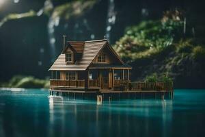 ein Miniatur Haus schwebend im das Wasser. KI-generiert foto