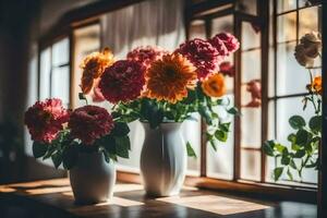 Blumen im Vasen auf ein Fensterbrett. KI-generiert foto