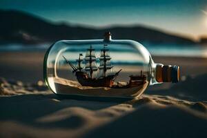 ein Schiff im ein Flasche auf das Strand. KI-generiert foto