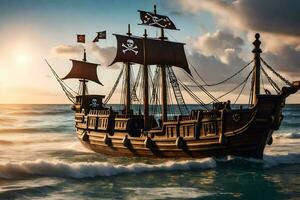 ein Pirat Schiff im das Ozean beim Sonnenuntergang. KI-generiert foto