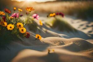 Foto Hintergrund Sand, Blumen, das Strand, das Sonne, das Sand, Blumen, das Strand. KI-generiert