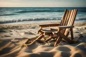 ein hölzern Stuhl sitzt auf das Strand beim Sonnenuntergang. KI-generiert foto