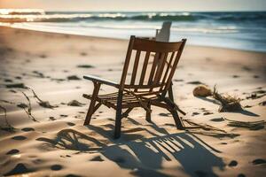 ein hölzern Stuhl sitzt auf das Strand beim Sonnenuntergang. KI-generiert foto