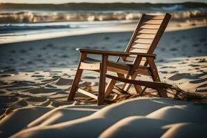 ein hölzern Stuhl sitzt auf das Strand beim Sonnenuntergang. KI-generiert foto