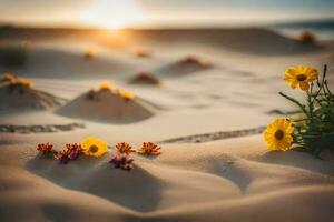 das Wüste Blumen sind im das Sand beim Sonnenuntergang. KI-generiert foto