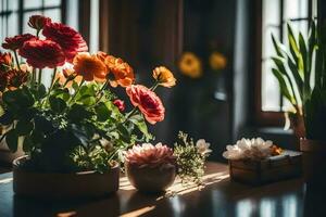 Blumen im Töpfe auf ein Tabelle im Vorderseite von ein Fenster. KI-generiert foto