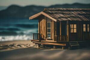 ein Miniatur hölzern Haus auf das Strand. KI-generiert foto