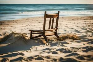 ein Stuhl sitzt auf das Strand in der Nähe von das Ozean. KI-generiert foto