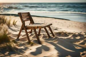 ein hölzern Stuhl sitzt auf das Sand beim Sonnenuntergang. KI-generiert foto