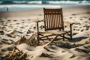 ein hölzern Stuhl sitzt auf das Sand beim das Strand. KI-generiert foto