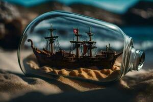 ein Miniatur Schiff im ein Flasche auf das Strand. KI-generiert foto